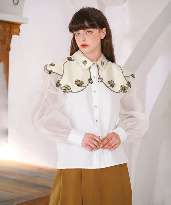Strawberry Embroidery Collar Blouse